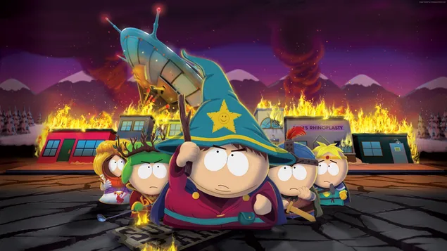 Personajes de dibujos animados de South Park escena de fuego magia 4K fondo de pantalla