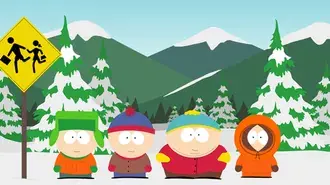 Tapeta South Park kreslené postavičky pózuje před zasněženými borovicemi 4K