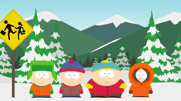 Personajes de dibujos animados de South Park posando frente a pinos nevados 4K fondo de pantalla