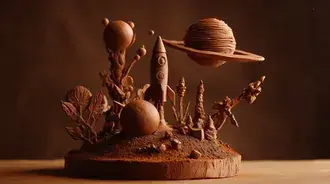 space diorama sculpture with rocket and planets from brown clay download