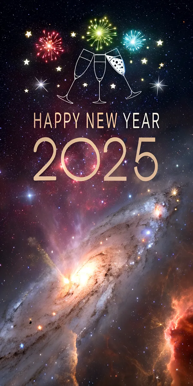 Laimīgu Jauno 2025. gadu ar kosmosa tematiku galaktikā ar mirdzošiem miglājiem un svinīgiem zvaigznājiem 2K fona tapete