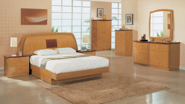 Amplio dormitorio con muebles de madera marrón 4K fondo de pantalla