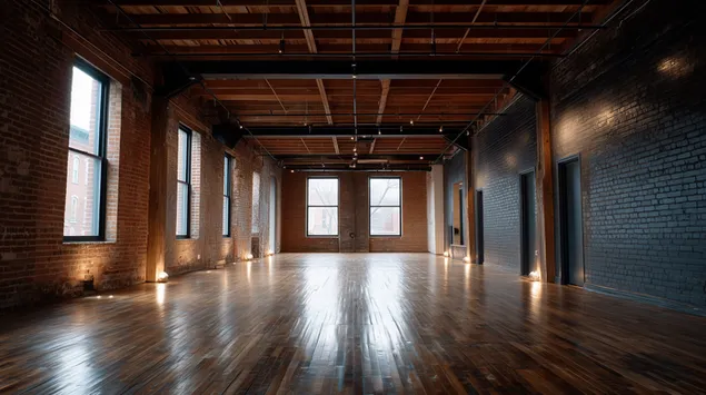 dhome e bollshme dhe e zbrazet me mure me tulla rustike dhe dysheme druri shkarkim