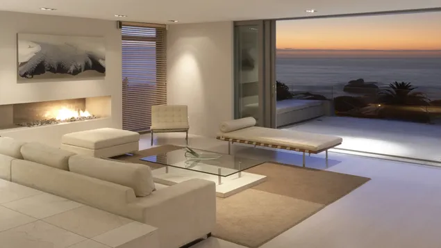 Amplio diseño de sala de estar con chimenea moderna y frente inverso. 4K fondo de pantalla