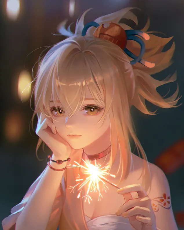 Sparklers llum que mostra la bellesa rossa de Yoimiya | Genshin Impact HD fons de pantalla