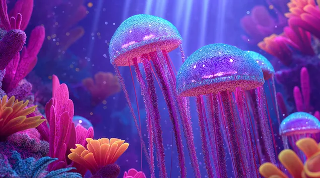 Žėrinčios medūzos žavinguose mėlynuose ir rožiniuose koraluose 2K ekrano užsklanda