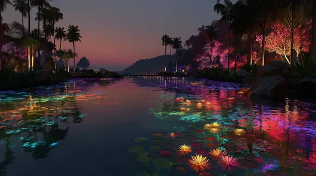 Пенлива лагунска рефлексија на светлечки дрвја во ноќен самрак 2K тапет