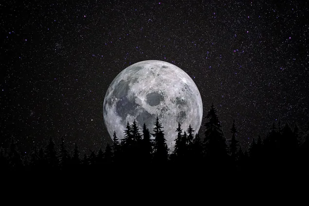 Espectacular vista de estrellas y luna llena en la noche