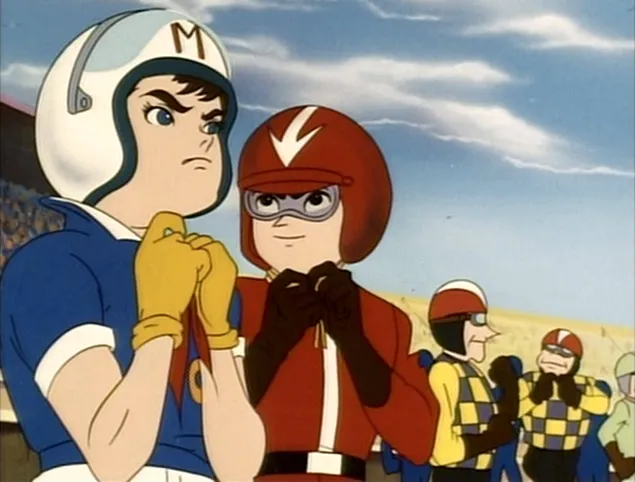 Personaje anime de desene animate Speed ​​​​Racer pe pista de curse 4K imagine de fundal