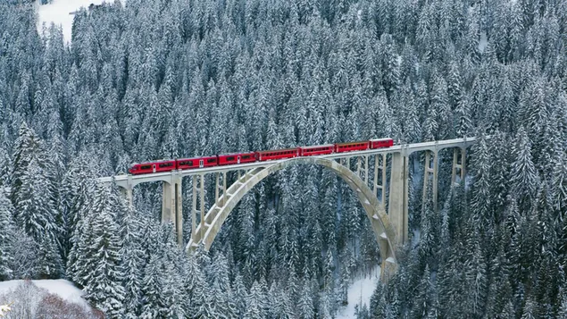 Spektakuläre Aussicht auf den Zug, der sich auf der Eisenbahn durch den verschneiten Wald bewegt