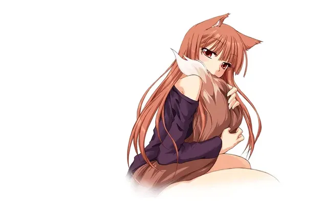 Portret lika iz serije Spice and Wolf lepega dekleta z rjavimi dolgimi lasmi 2K ozadje
