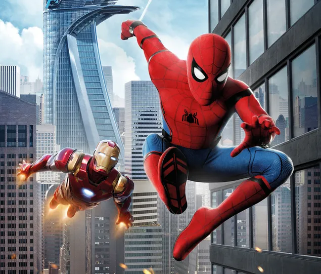 Spider Man And Iron Man  Together And Stark Building Behind Them