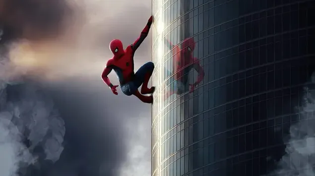 Spider Man en zijn schaduwreflectie op het raam van het gebouw