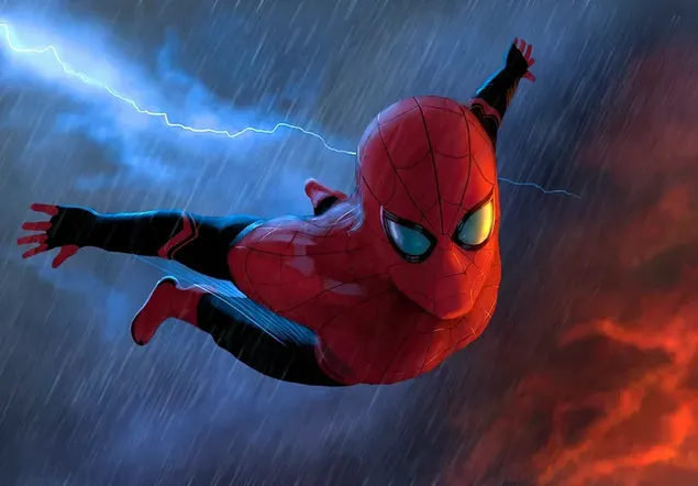 Spider Man cayendo del cielo rojo y azul