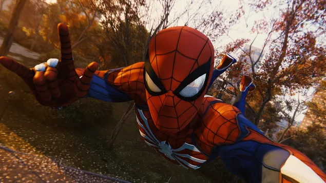 Spider-Man-spel (2019) - Spiderman neemt selfie 4K achtergrond