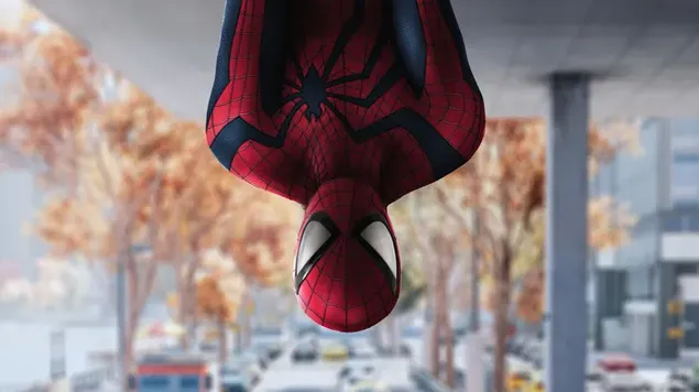 Spider Man Menggantung Terbalik Dari Kenyataan 4K wallpaper