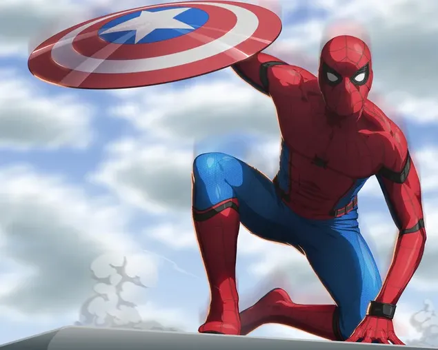 Spider Man Holds Captain's Shield 6K wallpaper download