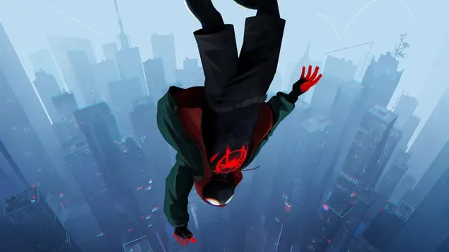 Spider-Man: Into The Spider-Verse serie geanimeerd personage spider-man die door de stad loopt springt van een hoogte in de mist 4K achtergrond