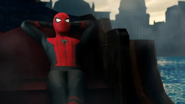 Manusia Laba-laba Berbaring Dekat Pantai Kotanya 2K wallpaper