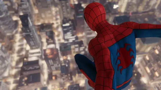 Páipéar balla Cluiche Spider Man PS4 i gculaith clasaiceach ag léim ó bharr na cathrachHD