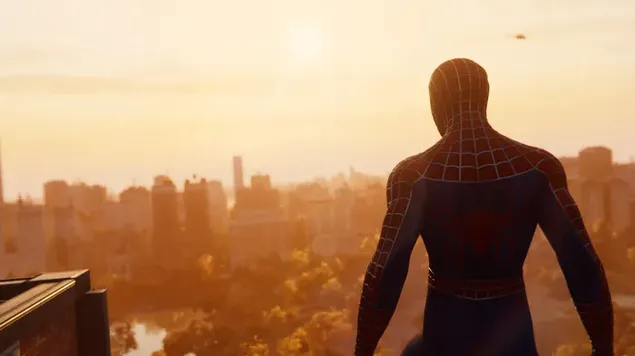 Spider Man PS4-game in klassiek filmpak Tobey Maguire achteraanzicht met uitzicht op de zonsondergang download