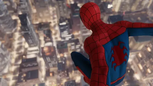 Spider Man PS4-game in klassiek pak springend van de top van de stad download