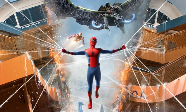 Spider-Man Menyelamatkan Kapal Dari Tenggelam Dan Vulture Menyerangnya Tapi Iron Man Menyelamatkannya 4K wallpaper
