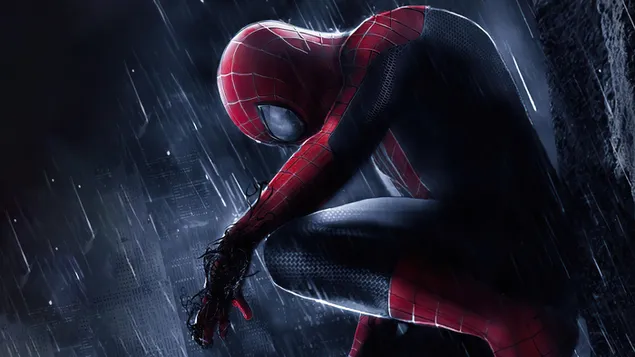 Spider Man Sitting On Building In The Rain download