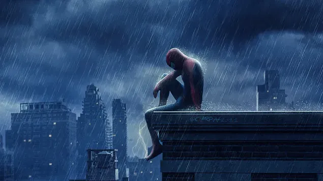 Spider Man Duduk Di atas pada hari hujan unduhan