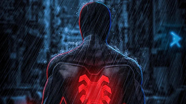 Spider Man  Standing At the Rain And Showing His  Back Suit  Spider Symbol download
