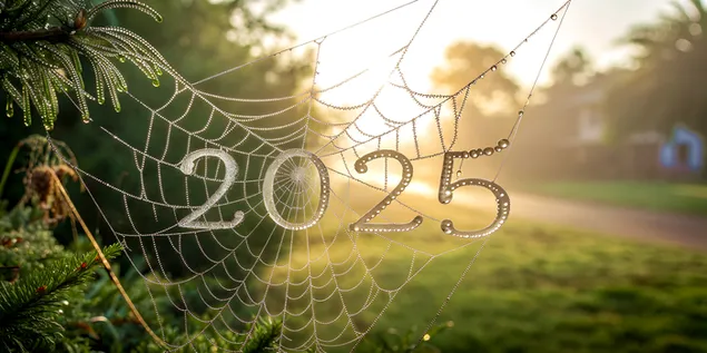 ใยแมงมุมที่มีน้ำค้างยามเช้าก่อตัวเป็นภาพ '2025' ในแสงแดดพร้อมกับต้นไม้สีเขียวอ่อนและพื้นหลังแบบโบเก้ 4K วอลเปเปอร์