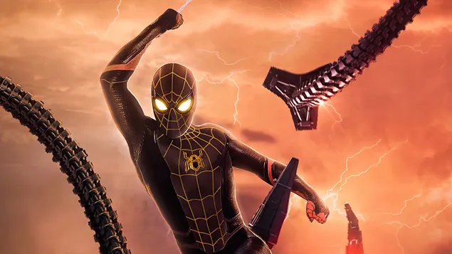 Spiderman met zwart pak en gele achtergrond