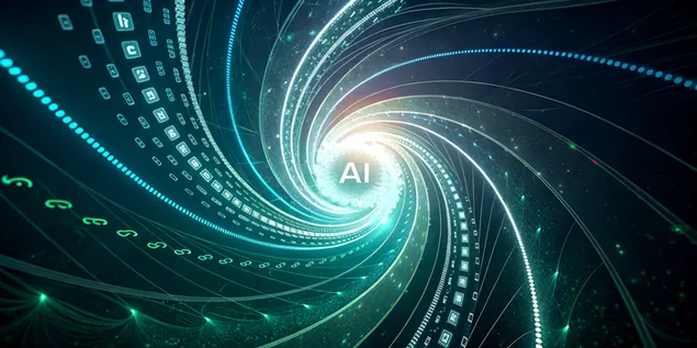 Taustakuva Pyörivä datapyörre tekoälyytimellä ja hehkuvilla digitaalisilla virroilla 4K