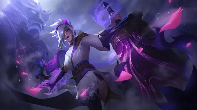 Karakter anime Spirit Blossom wanita cantik dengan rambut putih dan gaun panjang putih