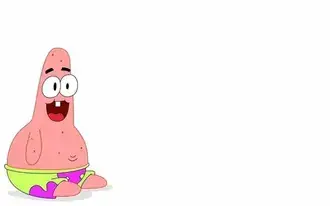 spongebob kreslena postavicka patrick sedi na bile podlaze v zelene a fialove kratke stahnout