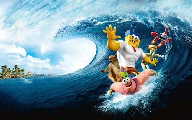 SpongeBob SquarePants disfrutando con sus amigos en el océano específico 2K fondo de pantalla