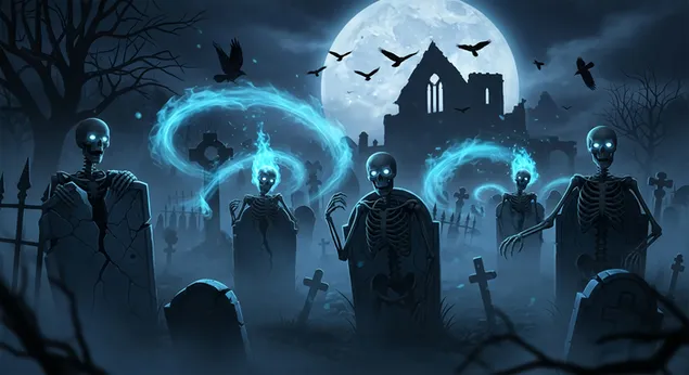 으스스한 할로윈 묘지: 유령 같은 푸른 기운을 띤 보름달 아래 해골들이 일어선다. 2K 배경화면