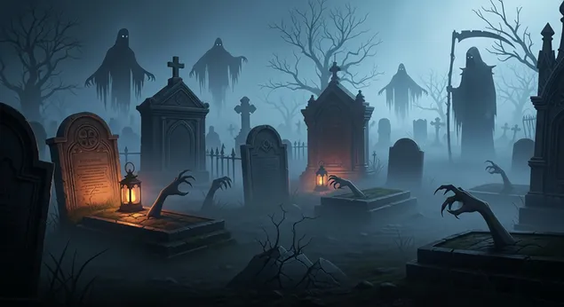 Gruselige Halloween-Nacht auf einem verwunschenen Friedhof mit Geistern, Sensenmann und aufsteigenden Zombiehänden 2K Hintergrundbild