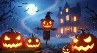 Tapeta Strašidelná halloweenská noc: dýně, strašák, strašidelný dům za úplňku. 2K