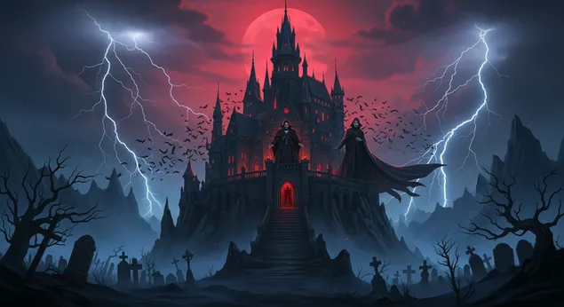 으스스한 할로윈 밤: 붉은 달과 번개 아래 고딕 양식 성의 뱀파이어들 2K 배경화면