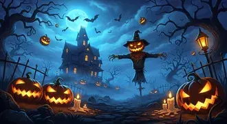 満月の下で光るジャック・オー・ランタン、お化け屋敷、コウモリが待つ不気味なハロウィーンの夜。 2K 壁紙