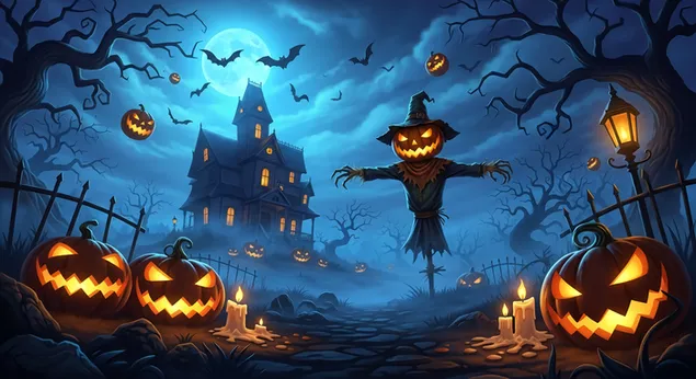 빛나는 잭오랜턴, 유령의 집, 보름달 아래 박쥐가 있는 무시무시한 할로윈 밤. 2K 배경화면