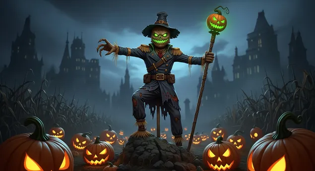 빛나는 잭오랜턴과 안개 낀 유령의 성 사이에 있는 으스스한 할로윈 허수아비 수호자 2K 배경화면