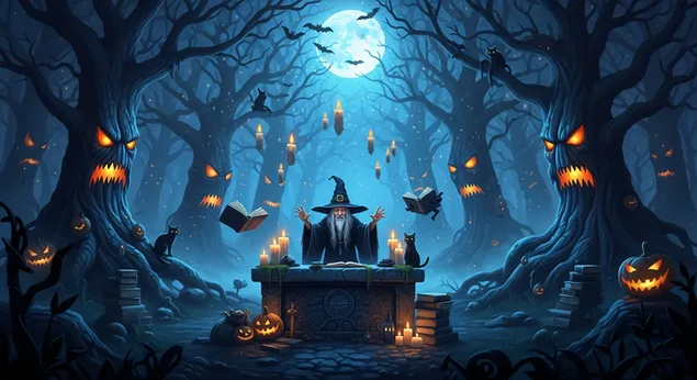 Tapeta Strašidelný halloweenský čarodejnícky rituál so žiariacimi tekvicami, strašidelnými stromami a čiernymi mačkami. 2K