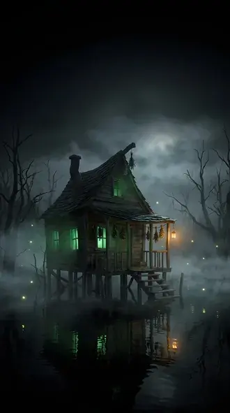 strasidelna carodejnicka chata na kulech v mlhave bazine se zaricim zelenym svetlem na halloween stahnout