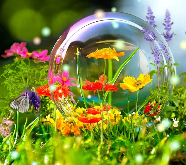 Flores de primavera y mariposas en burbuja. descargar