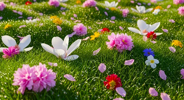 Proljetno livadsko cvijeće i kapi rose | Živahna prirodna scena 4K pozadina