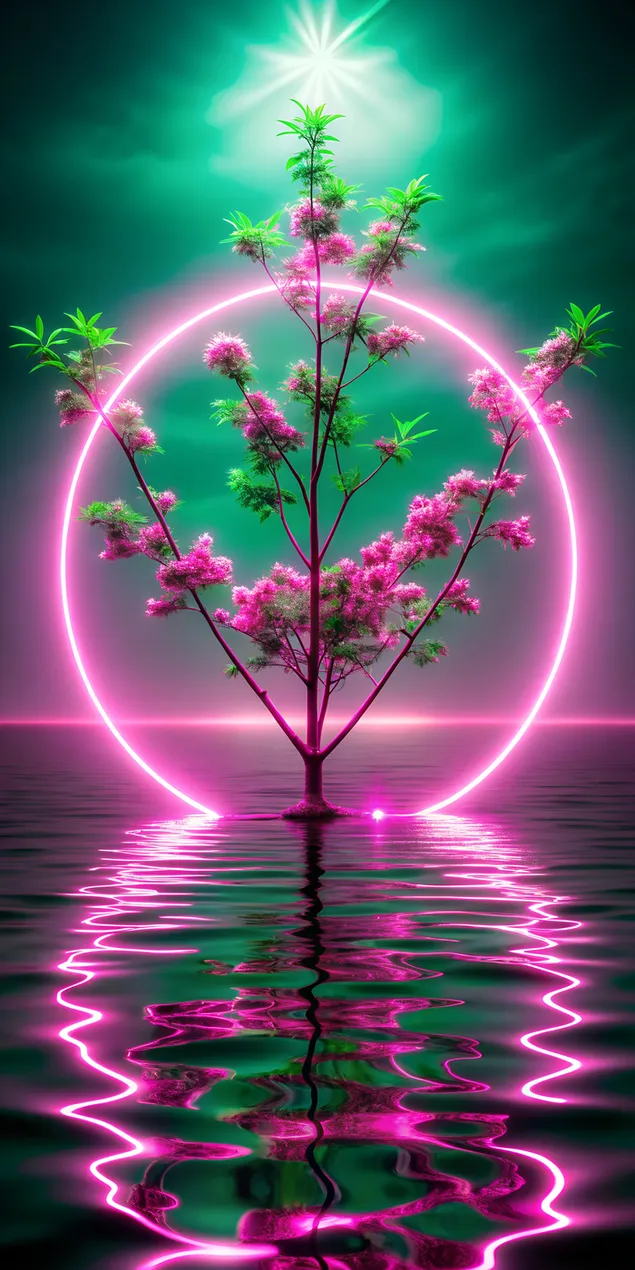 Tapeta Jarní růžový průhledný neonový zářený kruh s růžovou a zelenou větví 2K