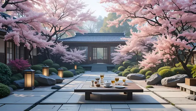 Proljetni mir: Japanski vrt i cvjetovi trešnje 4K pozadina