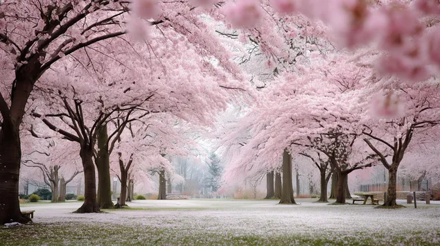 lentebome wat 'n parkpaadjie omsoom, bedek met gevalle bloeisels aflaai